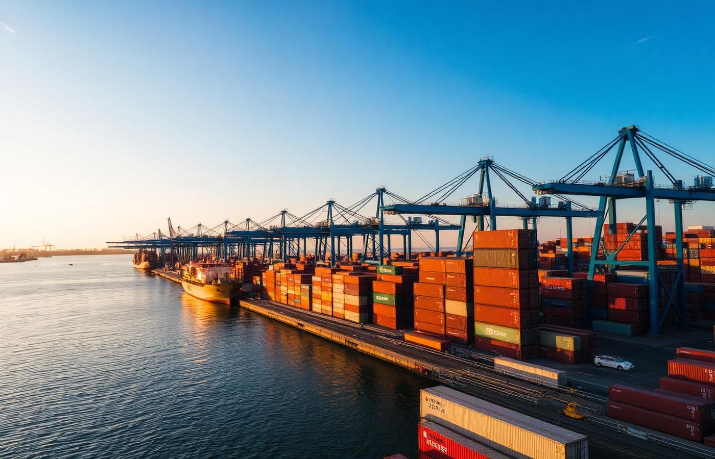 Shipping port with cargo containers and cranes
