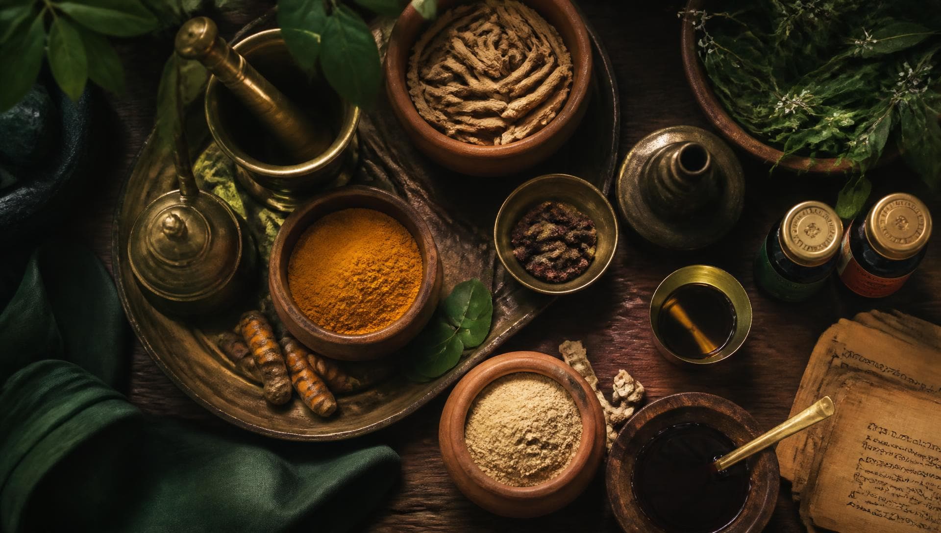 Ayurvedic herbs, turmeric and brass mortar on a wooden table