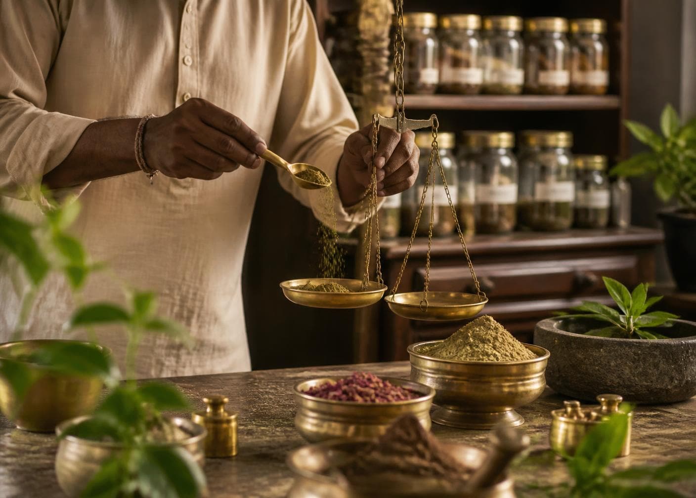 Artisan weighing herbal powders on a brass scale