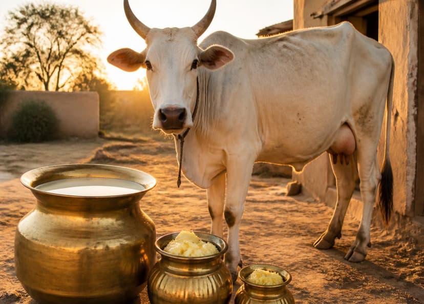 Traditional Panchagavya setting with cow and brass vessels